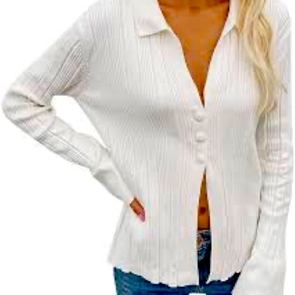 HALARA 🛍 NWT White Knit Ribbed Cardigan Turndown Collar Flared Cuffs Sweater M